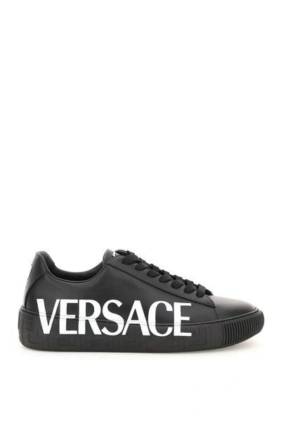 Shop Versace Leather Greca Sneakers In Black