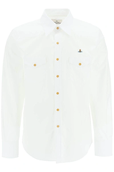 Shop Vivienne Westwood Poplin Shirt With Chest Pockets And Orb Embroidery In White