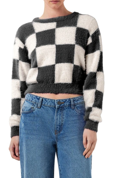 Noisy May Blaire Fuzzy Checkerboard Sweater In Black Checks Eggnog