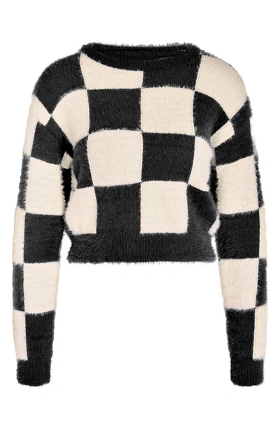 Noisy May Blaire Fuzzy Checkerboard Sweater In Black Checks Eggnog
