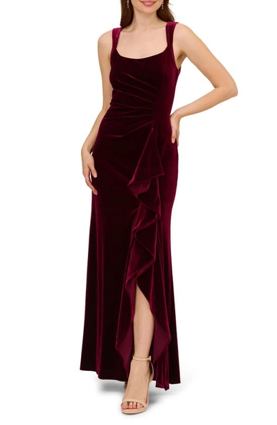 Shop Adrianna Papell Ruffle Velvet Gown In Burgundy