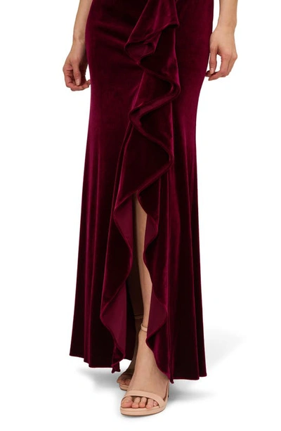 Shop Adrianna Papell Ruffle Velvet Gown In Burgundy