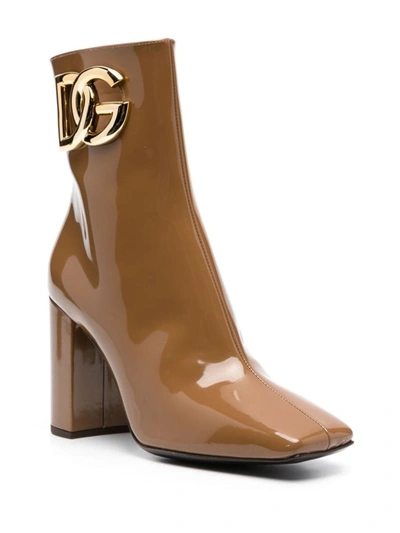 Shop Dolce & Gabbana Shiny Leather Ankle Boots In Brown