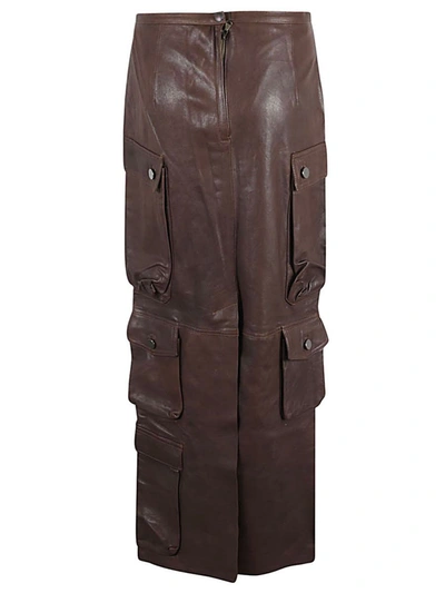 Shop Fermas.club Leather Cargo Long Skirt In Brown