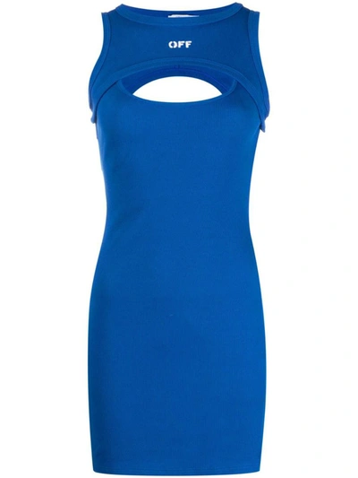 Shop Off-white Logo Cotton Short Dress In Blue