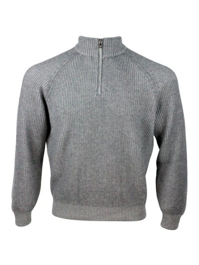 Brunello Cucinelli Ribbed Cashmere Sweater With Half Zip In Grey
