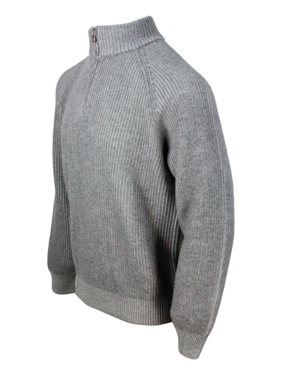 Brunello Cucinelli Ribbed Cashmere Sweater With Half Zip In Grey