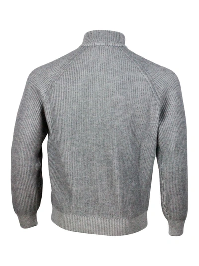 Brunello Cucinelli Ribbed Cashmere Sweater With Half Zip In Grey