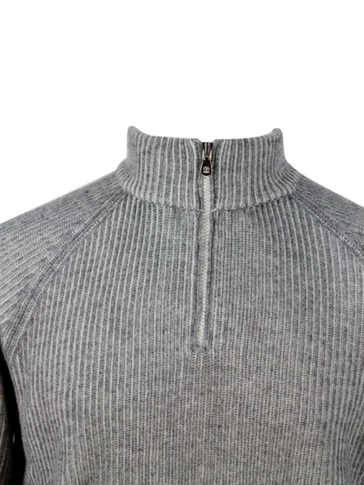 Brunello Cucinelli Ribbed Cashmere Sweater With Half Zip In Grey