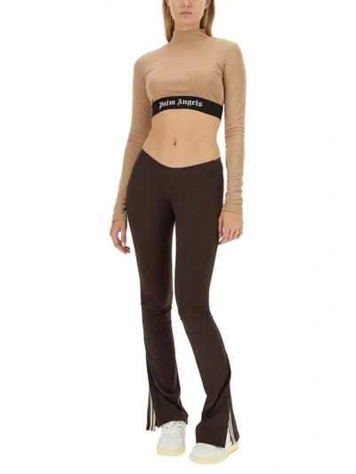 Shop Palm Angels Cropped Top With Logo In Beige