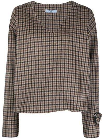 Shop Prada Check-pattern Wool-blend Jumper In Tabacco
