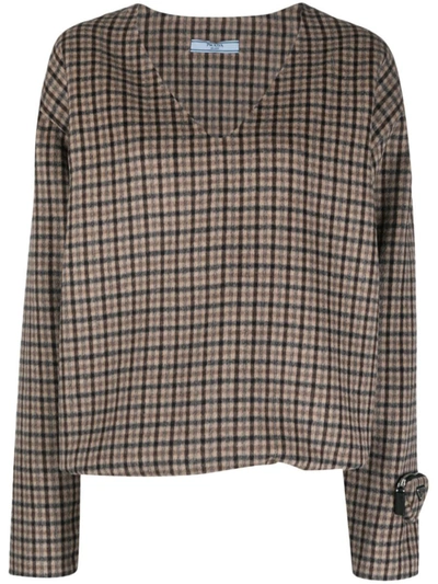 Prada V-neck Checked Pullover In Tabacco