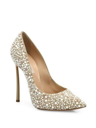 Casadei Blade-heel Faux Pearl-embellished Leather Point-toe Pumps In Oasi