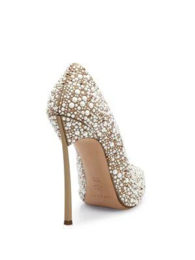 Shop Casadei Blade-heel Faux Pearl-embellished Leather Point-toe Pumps In Oasi