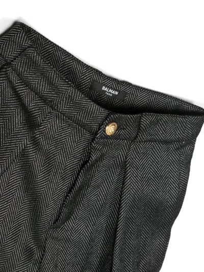 Balmain Pleated Herringbone-pattern Trousers In Black
