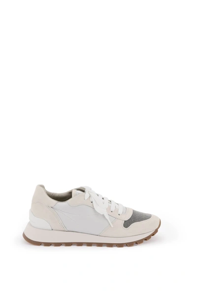 Shop Brunello Cucinelli Sneakers With Monili Toe In White, Beige, Silver