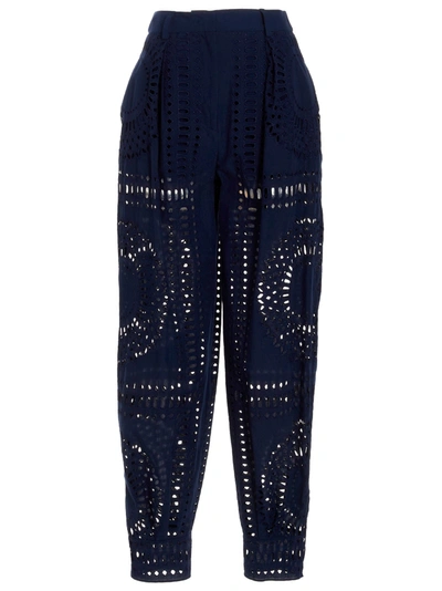 Shop Alberta Ferretti Embroidered Cotton Pants In Blue