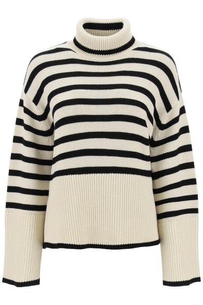 Shop Totême Striped Wool Cotton Sweater In White, Black