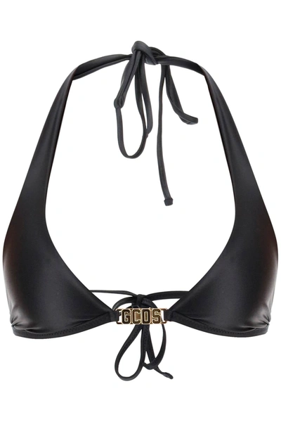 Shop Gcds Logo Triangle Satin Finish Bikini Top In Black