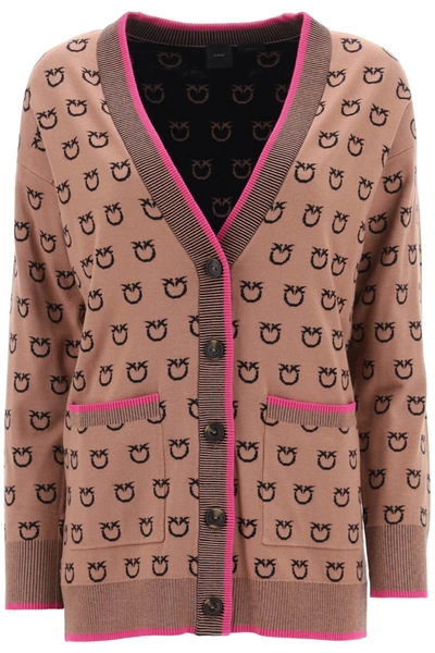 Shop Pinko 'lama' All Over Logo Cardigan In Beige