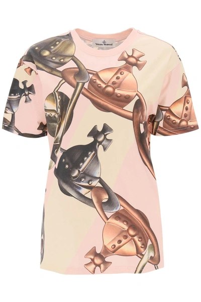 Shop Vivienne Westwood T Shirt With Orb Chain Motif In Beige, Pink