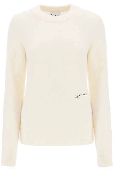 Shop Ganni Sweater In Brushed Alpaca Blend In White