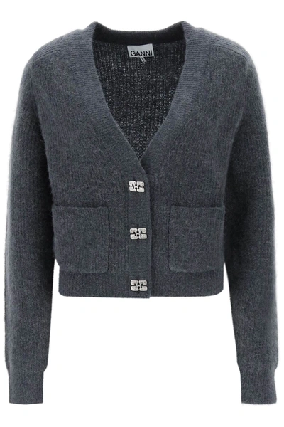 Shop Ganni Wool Cardigan With Jewel Buttons In Grey