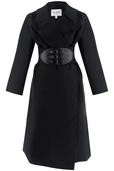 Shop Alaïa Belted Trench Coat In Technical Cotton In Black