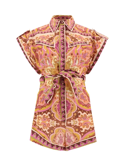 Shop Zimmermann Halcyon Jumpsuit Dress In Mustard/pink Paisley