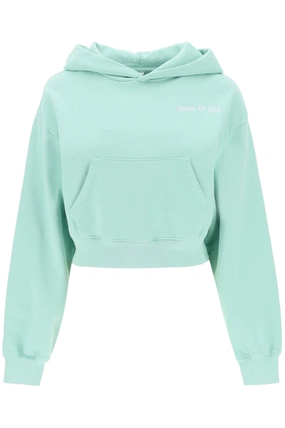 Shop Sporty And Rich 'italic Logo' Cropped Hoodie In Green