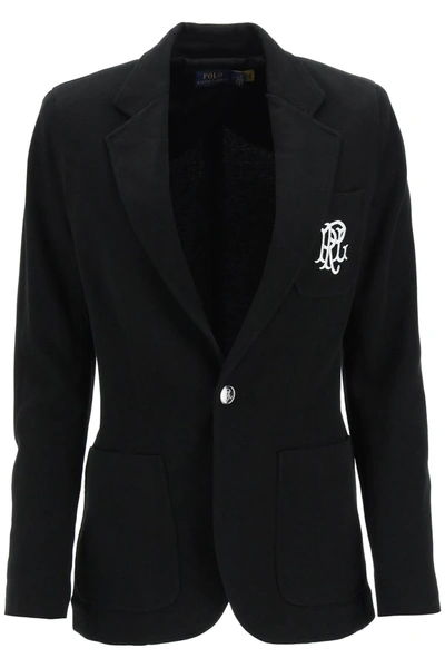 Shop Polo Ralph Lauren Stretch Knit Blazer With Monogram Embroidery In Black