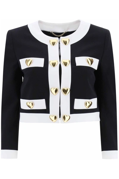 Shop Moschino Cropped Jacket With Heart Shaped Buttons In White, Black