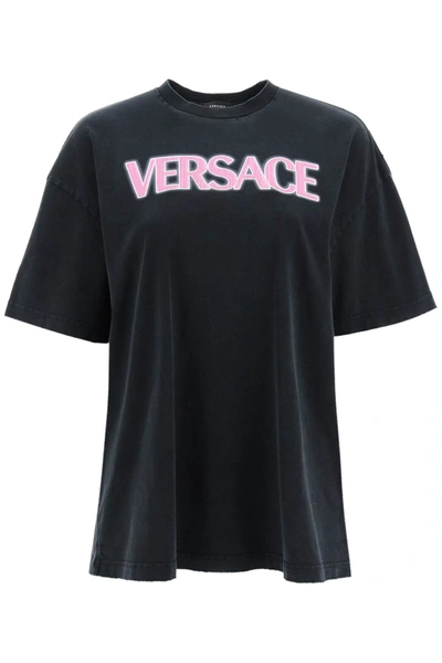 Shop Versace Distressed T Shirt With Neon Logo In Grey, Fuchsia