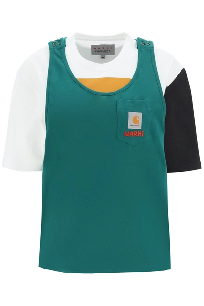 Shop Marni X Carhartt T Shirt With Sewn In Tank Top In Green, White, Black