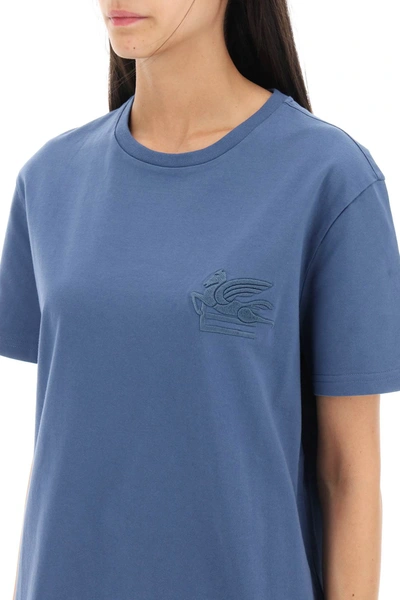 Shop Etro T Shirt With Pegasus Embroidery In Blue