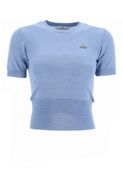 Shop Vivienne Westwood Short Sleeve Sweater With Orb Embroidery In Blue