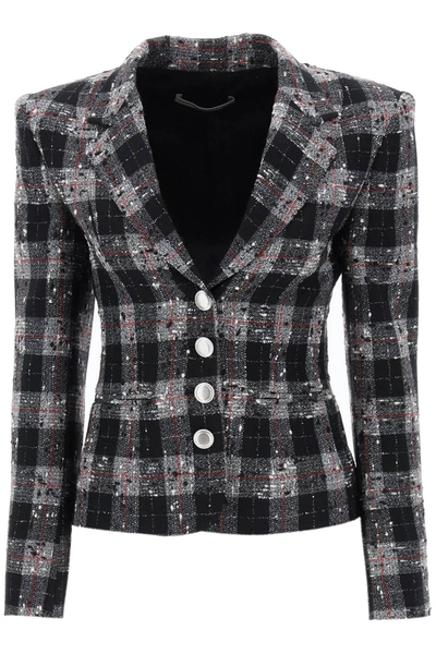 Shop Alessandra Rich Single Breasted Jacket In Boucle' Fabric With Check Motif In Black