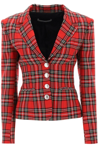Shop Alessandra Rich Wool Single Breasted Jacket With Tartan Motif In Black, Red