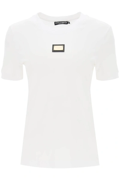 Shop Dolce & Gabbana T Shirt With Logoed Metal Plaque In White