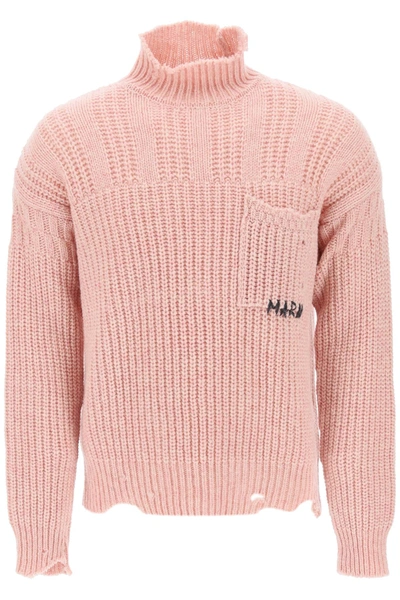 Shop Marni Funnel Neck Sweater In Destroyed Effect Wool In Pink
