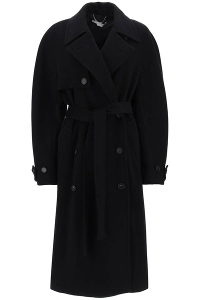 Shop Stella Mccartney Double Breasted Wool Trench Coat In Black