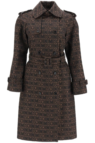 Shop Moschino All Over Logo Trench Coat In Brown
