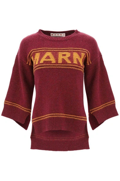 Shop Marni Sweater In Jacquard Knit With Logo In Red, Yellow