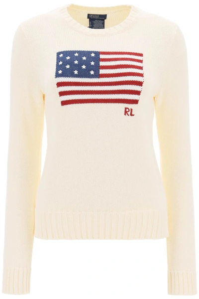 Shop Polo Ralph Lauren Cotton Sweater With Flag Intarsia In White