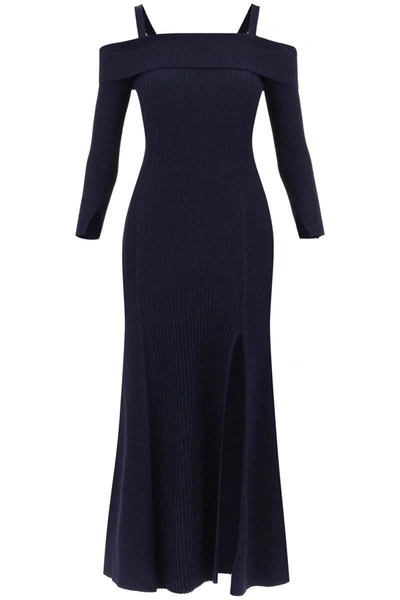 Shop Ganni Long Knitted Off-the-shoulder Dress In Blue