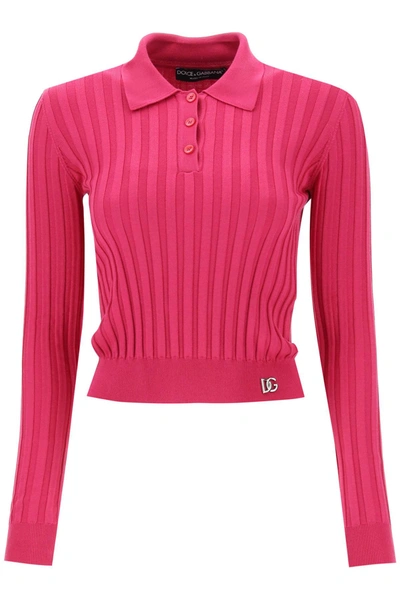 Shop Dolce & Gabbana Long Sleeved Polo Shirt In Ribbed Knit In Fuchsia