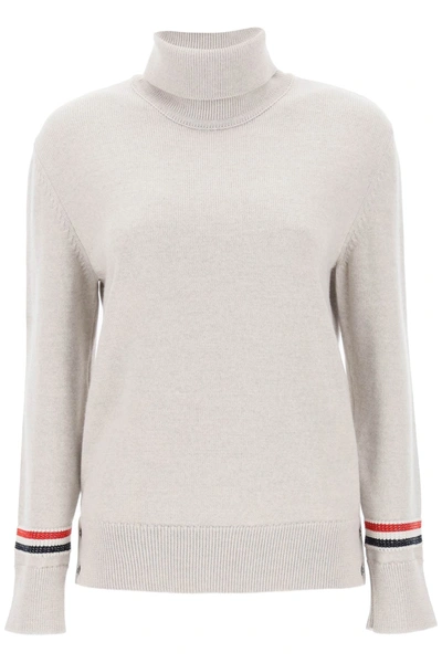 Shop Thom Browne Turtleneck Sweatear With Tricolor Intarsia In Grey