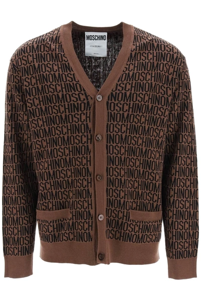 Shop Moschino All Over Logo Cardigan In Brown