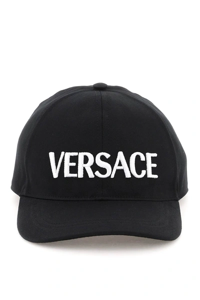 Shop Versace Logo Embroidery Baseball Cap In Black, White