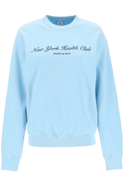 Shop Sporty And Rich 'ny Health Club' Flocked Sweatshirt In Light Blue